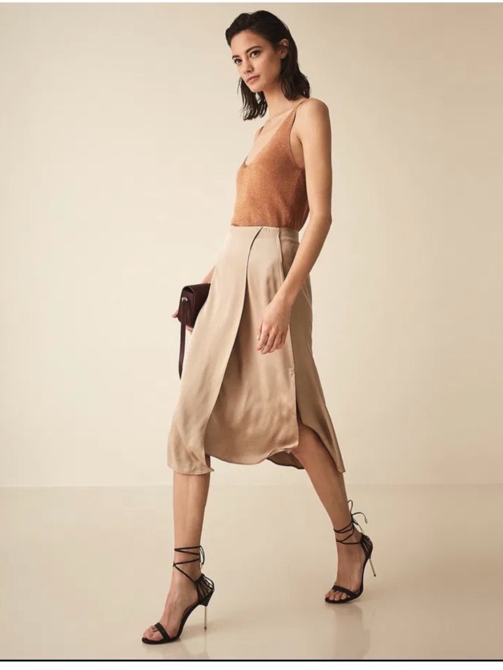 Reiss Tan Satin Wrap Midi Skirt